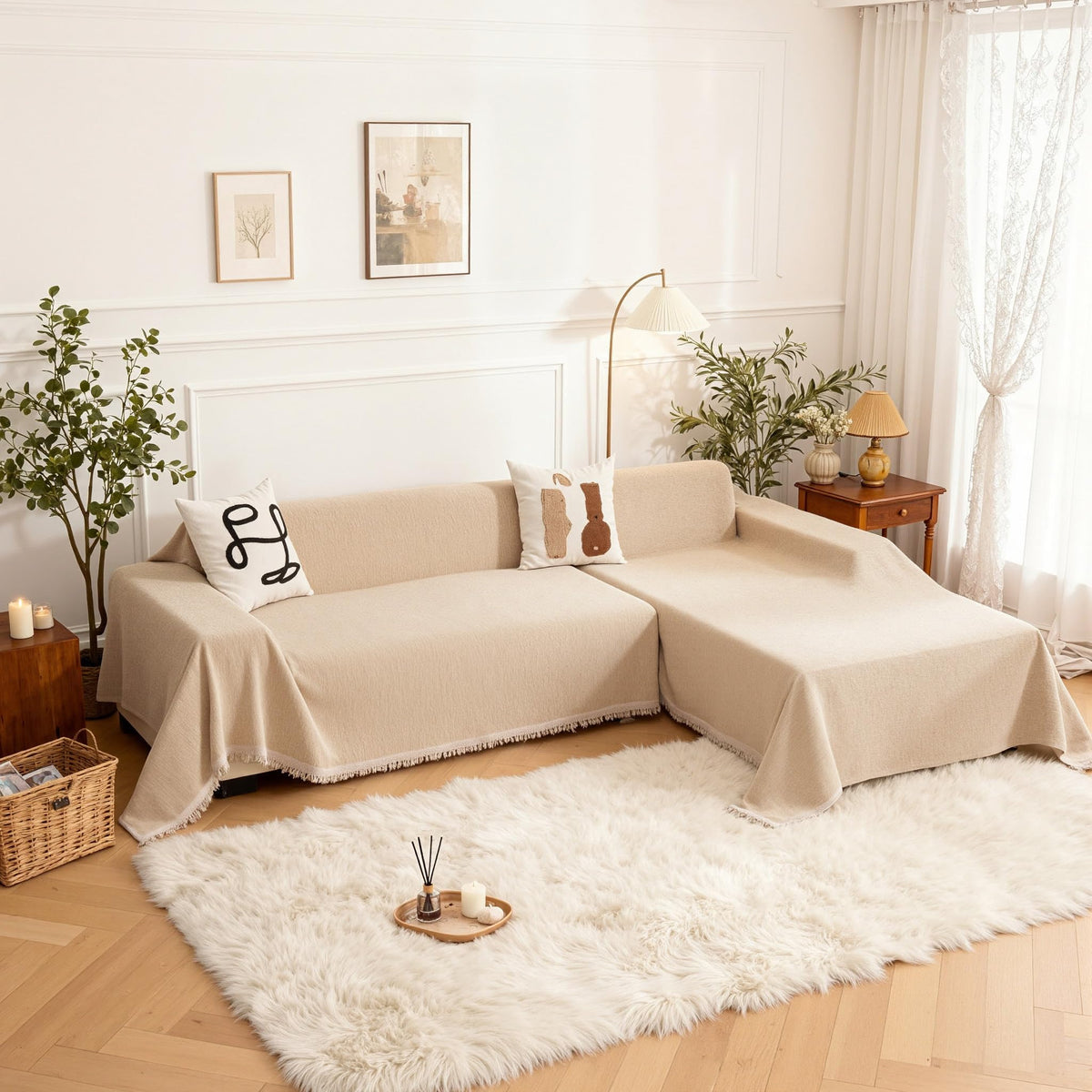 MEETSKY Couch Cover for Sofa Covers Washable, 2 Pieces Chenille Sectional Pet Couch Covers for 2 Cushion L Shape, Multi-Use Sofa Slipcover for Dogs (X-Large, 71"x118"+71"x118", Sand)