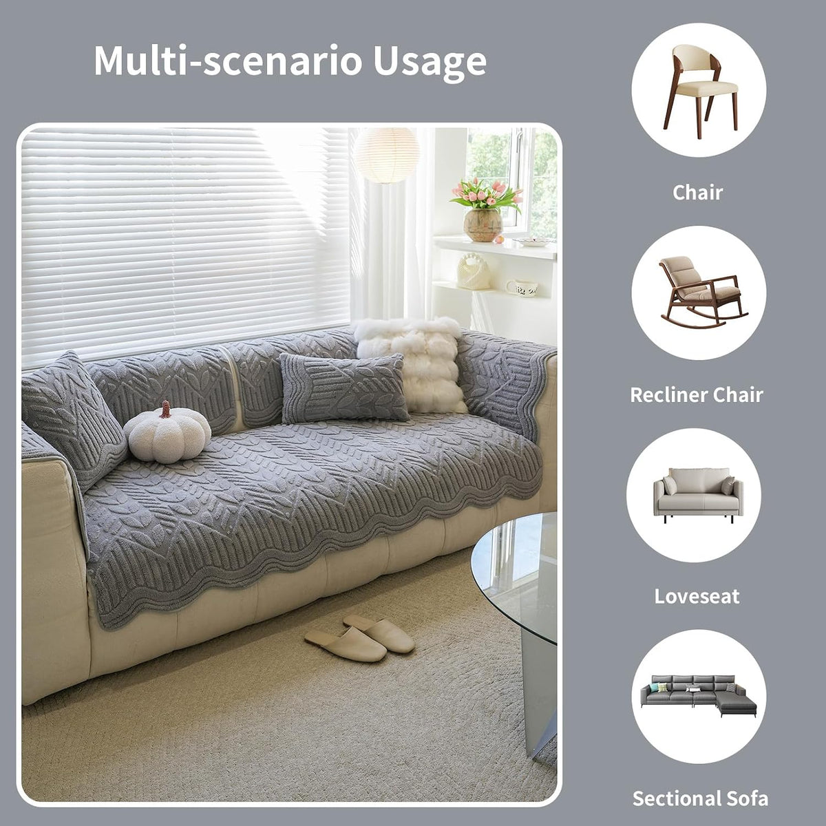 Couch Covers for Sofa, Plush Sofa Cover Washable, Geometric Jacquard Sofa Slipcovers, Non-Slip Couch Cover, Warm Couch Slipcover Furniture Protector for Kids, Pets (1PC,Grey,36"×71")