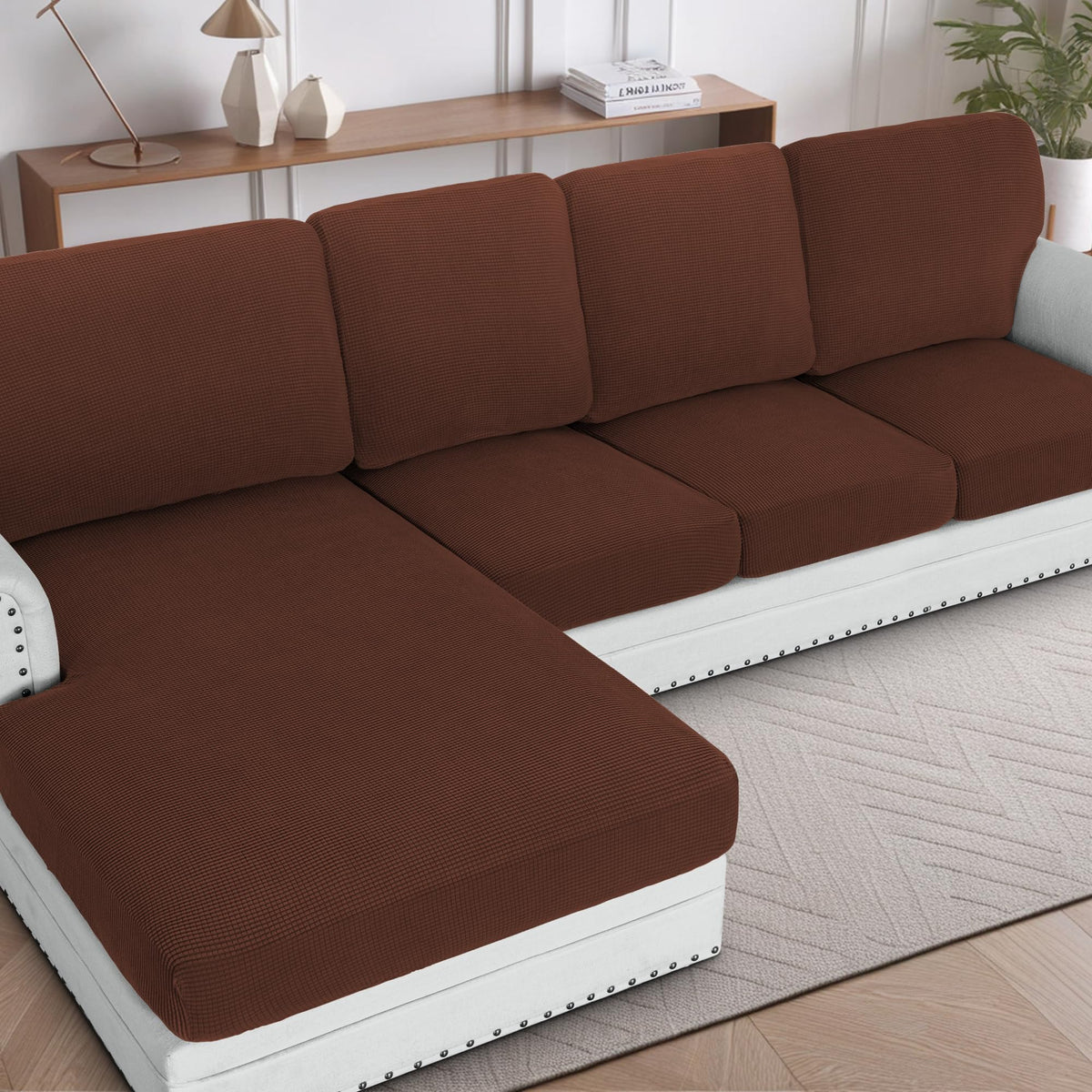 H.VERSAILTEX Sectional Couch Covers 8 Pieces Stretch Sofa Covers for Sectional Sofa Set Separate L Shaped Couch Cover for Both Left/Right Couch (Seat and Back: 1 Chaise + 3 Sofa, Ivory)