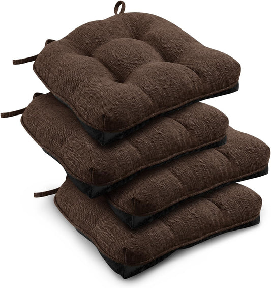 downluxe Indoor Chair Cushions for Dining Chairs, Tufted Overstuffed Textured Foam Kitchen Chair Pads with Ties and Non-Slip Backing, 15.5" x 15.5" x 4", Brown, 4 Pack