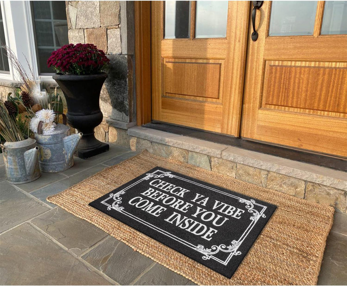 Indoor Door Mat Welcome Mats for Front Door Outdoor Entry Black Doormat, Check Ya Vibe Before You Come Inside This House Doormat, Non Slip Rubber Farmhouse Mats 28" x 18"
