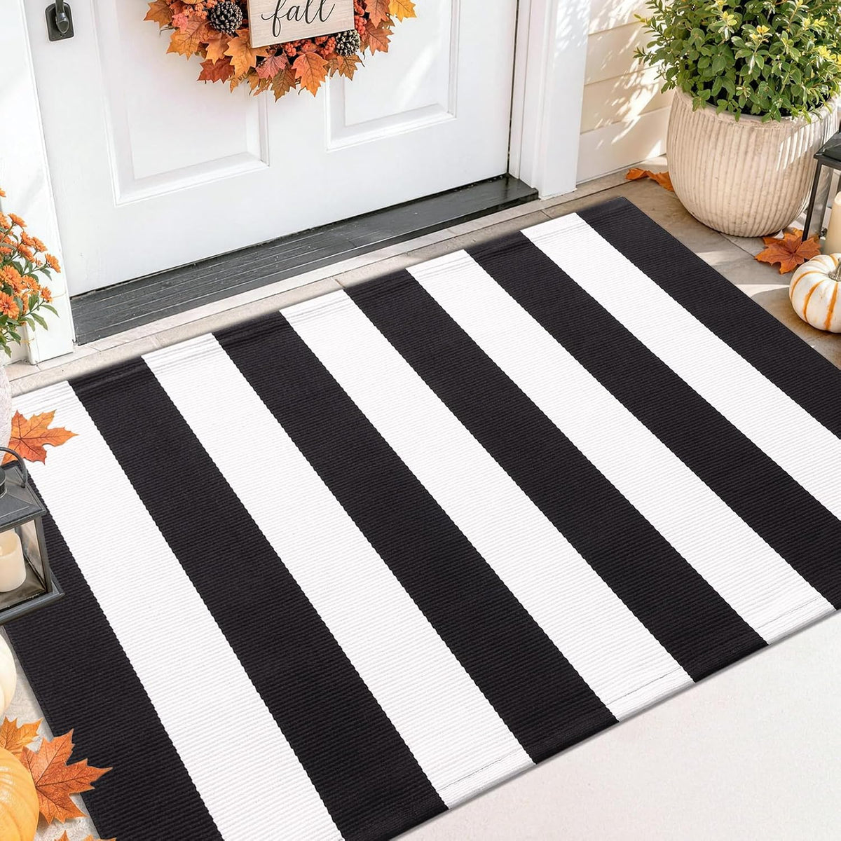 Smiry Black and White Striped Entryway Rug, Front Door Mat and Porch Decor