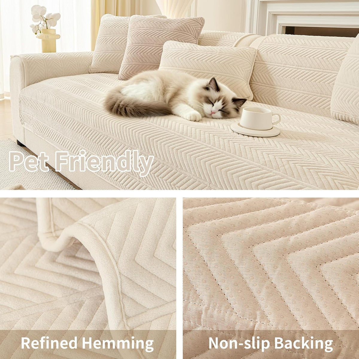 Couch Covers for Sofa, Funny Fuzzy Couch Cover for Dog, Sofa Covers for Pets Washable, Herringbone Sofa Slipcovers for Sectional, Non Slip Furniture Protector(1PC,Beige White,36"×71")