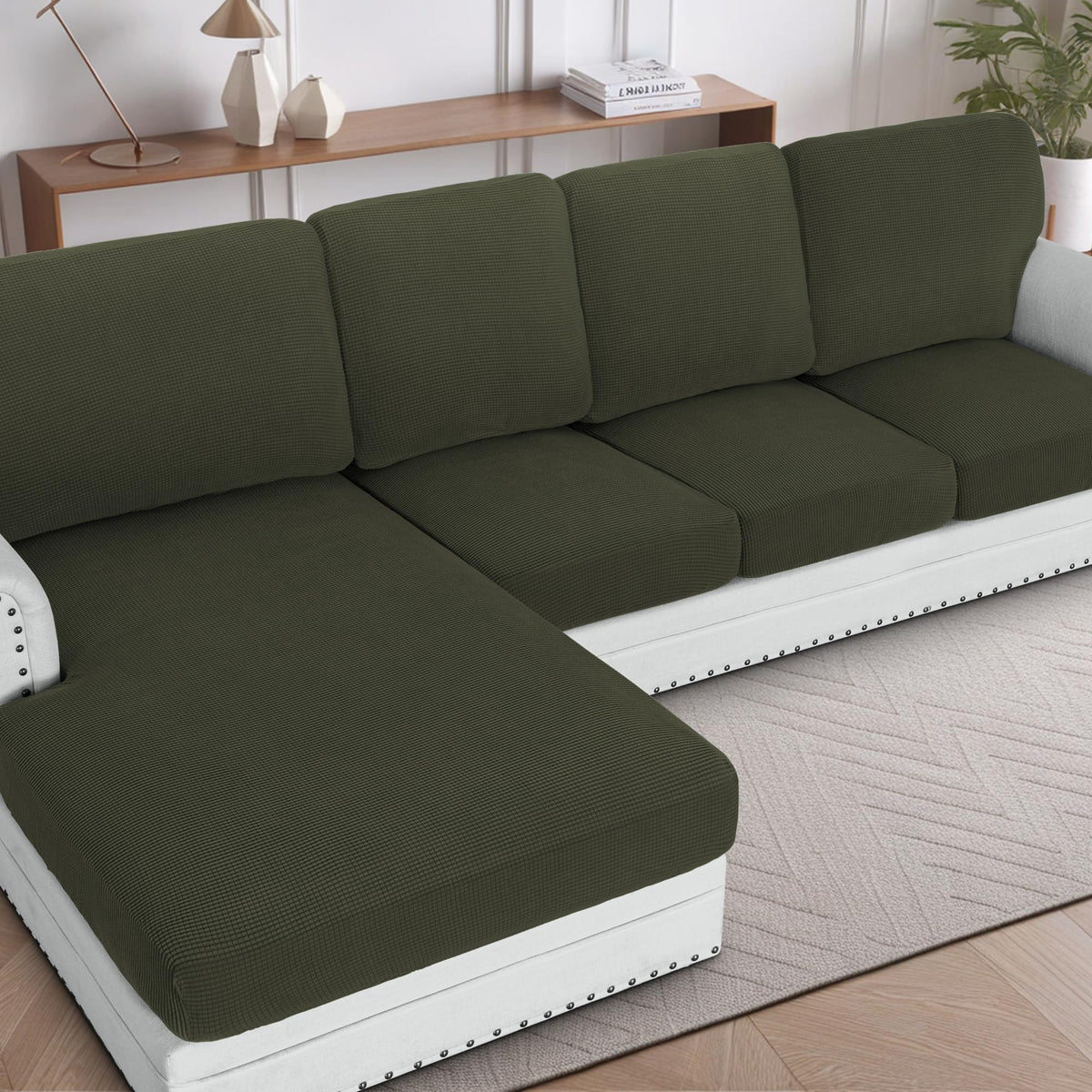 H.VERSAILTEX Sectional Couch Covers 8 Pieces Stretch Sofa Covers for Sectional Sofa Set Separate L Shaped Couch Cover for Both Left/Right Couch (Seat and Back: 1 Chaise + 3 Sofa, Ivory)
