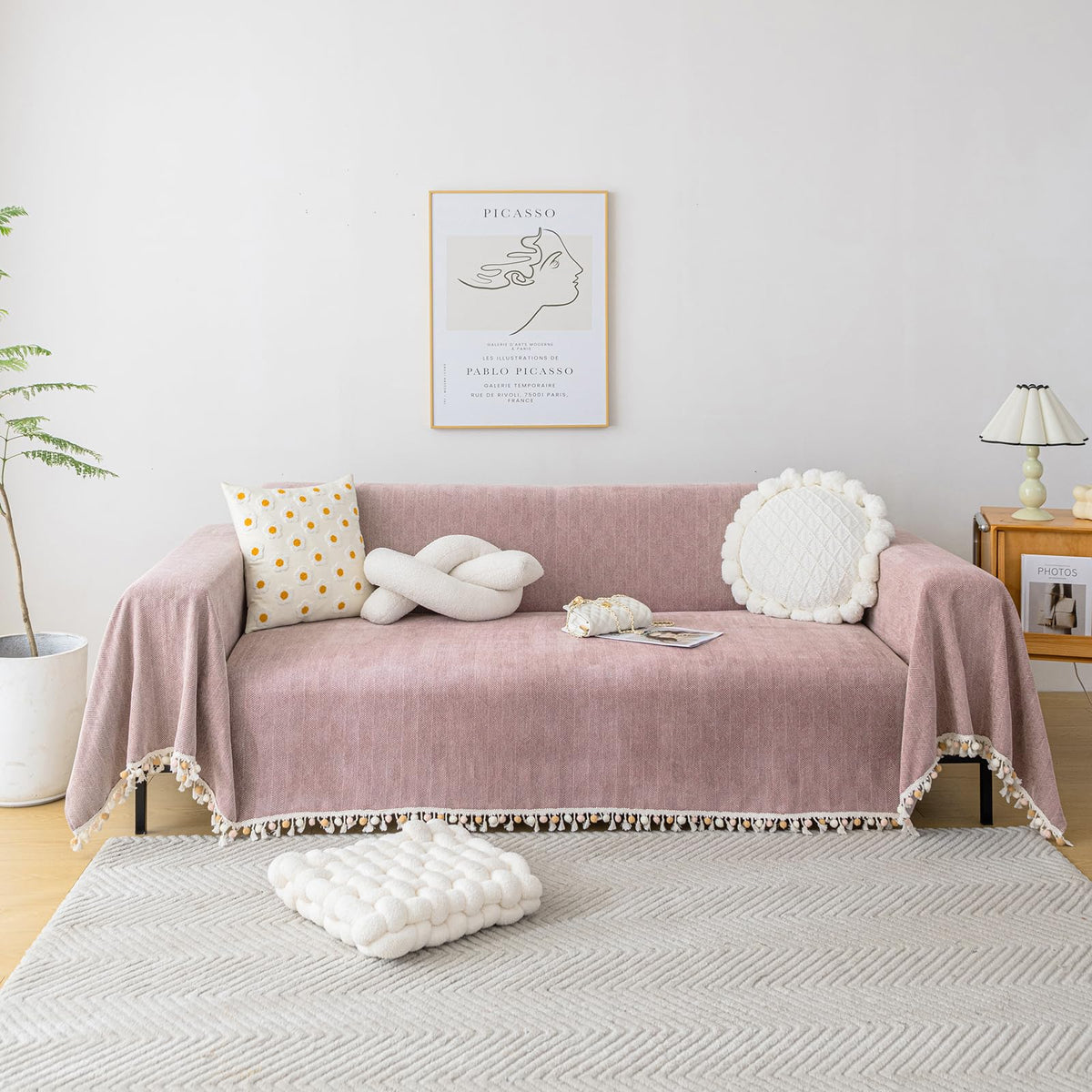 HANDONTIME Green Sofa Cover Vintage Couch Cover for Dogs 71" X118" Couch Cushion Covers with Tassel Herringbone Sofa Cover Boho Sofa Covers for 3 Cushion Couch Chenille Soft Loveseat Sofa Covers