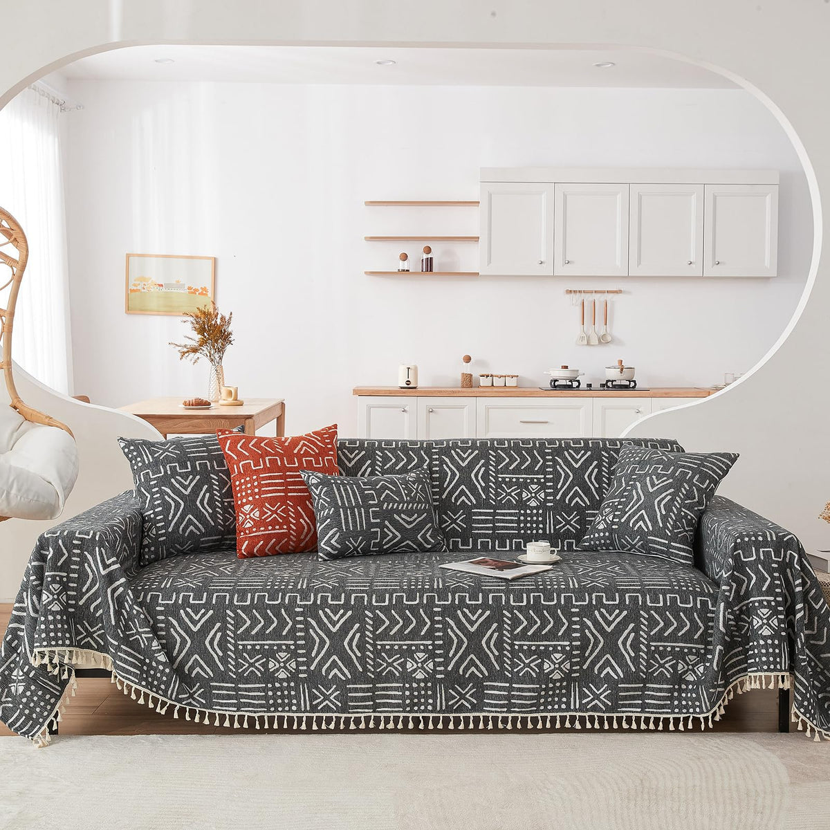 HANDONTIME Green Sofa Cover Vintage Couch Cover for Dogs 71" X118" Couch Cushion Covers with Tassel Herringbone Sofa Cover Boho Sofa Covers for 3 Cushion Couch Chenille Soft Loveseat Sofa Covers