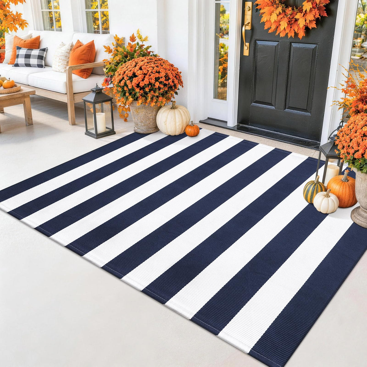 Smiry Black and White Striped Entryway Rug, Front Door Mat and Porch Decor