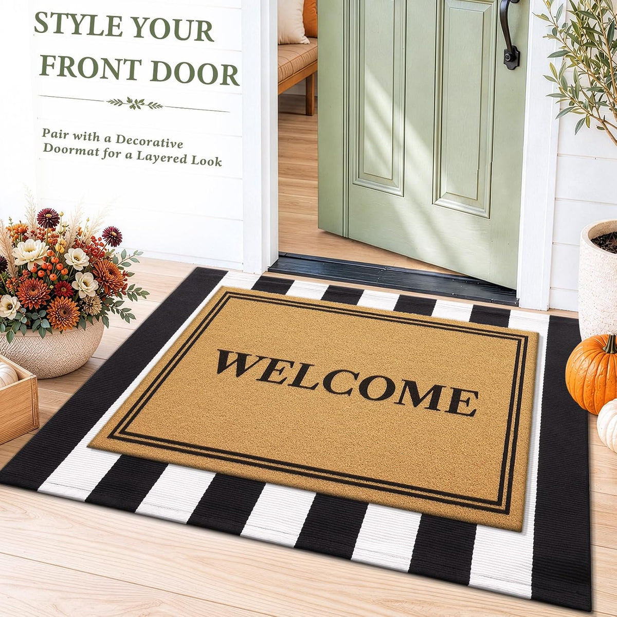 Smiry Black and White Striped Entryway Rug, Front Door Mat and Porch Decor