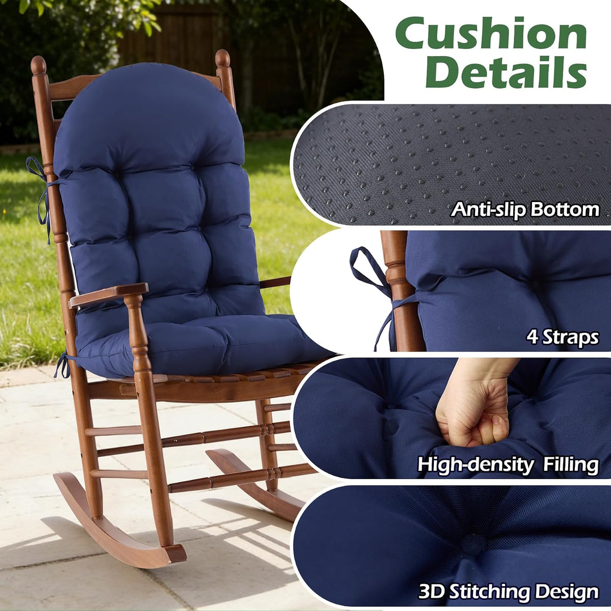 Rocking Chair Cushions, Indoor/Outdoor Adirondack Chair Cushion, Waterproof and Fade-Resistant Rocking Chairs Pads, Non-Slip Tufted High Back Patio Chairs Cushion with Ties, 44x19x4 Inch, Navy Blue
