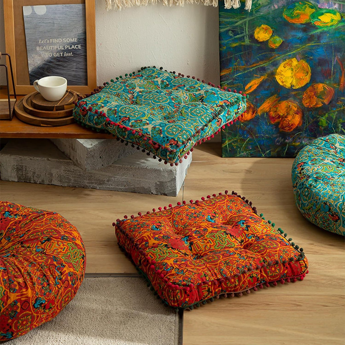 ELEFOCUS Blue Bohemian Seat Cushion,Indoor Boho Chair Cushions for Dining Chairs,Square Chair Pad,Decorative Seat Cushions for Kitchen Chairs (Blue Square A 16X16)