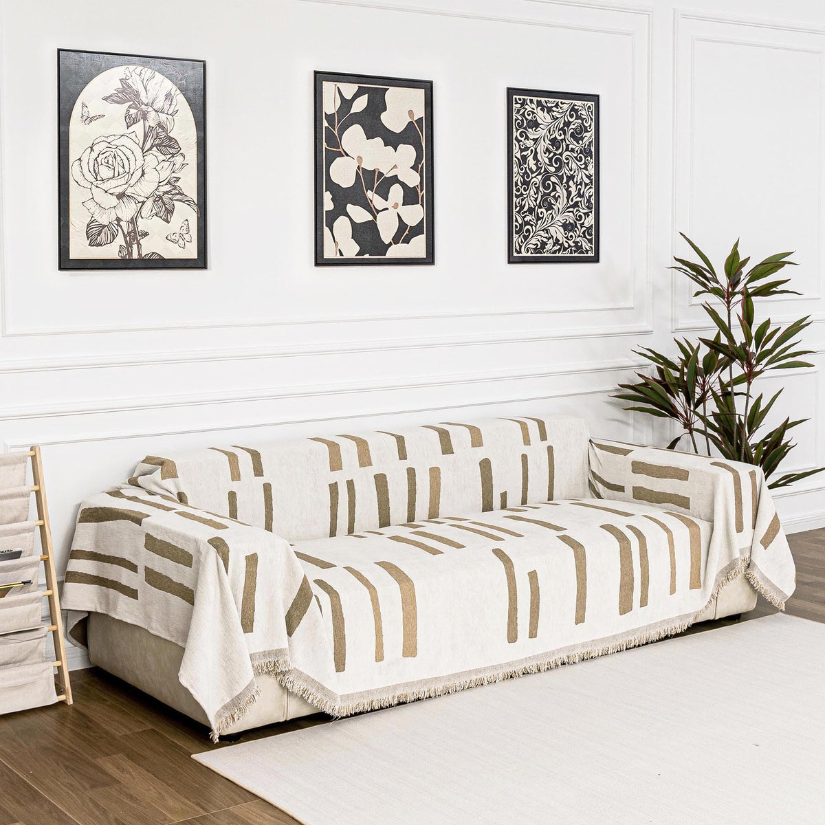 MYSKY HOME Boho Couch Cover Beige Sofa Covers with White Tassel Farmhouse Sofa Slipcover Simple Couch Protector for Dogs Chenille Sectional Couch Covers L Shaped Couch Cushion Covers, 91"x 134"