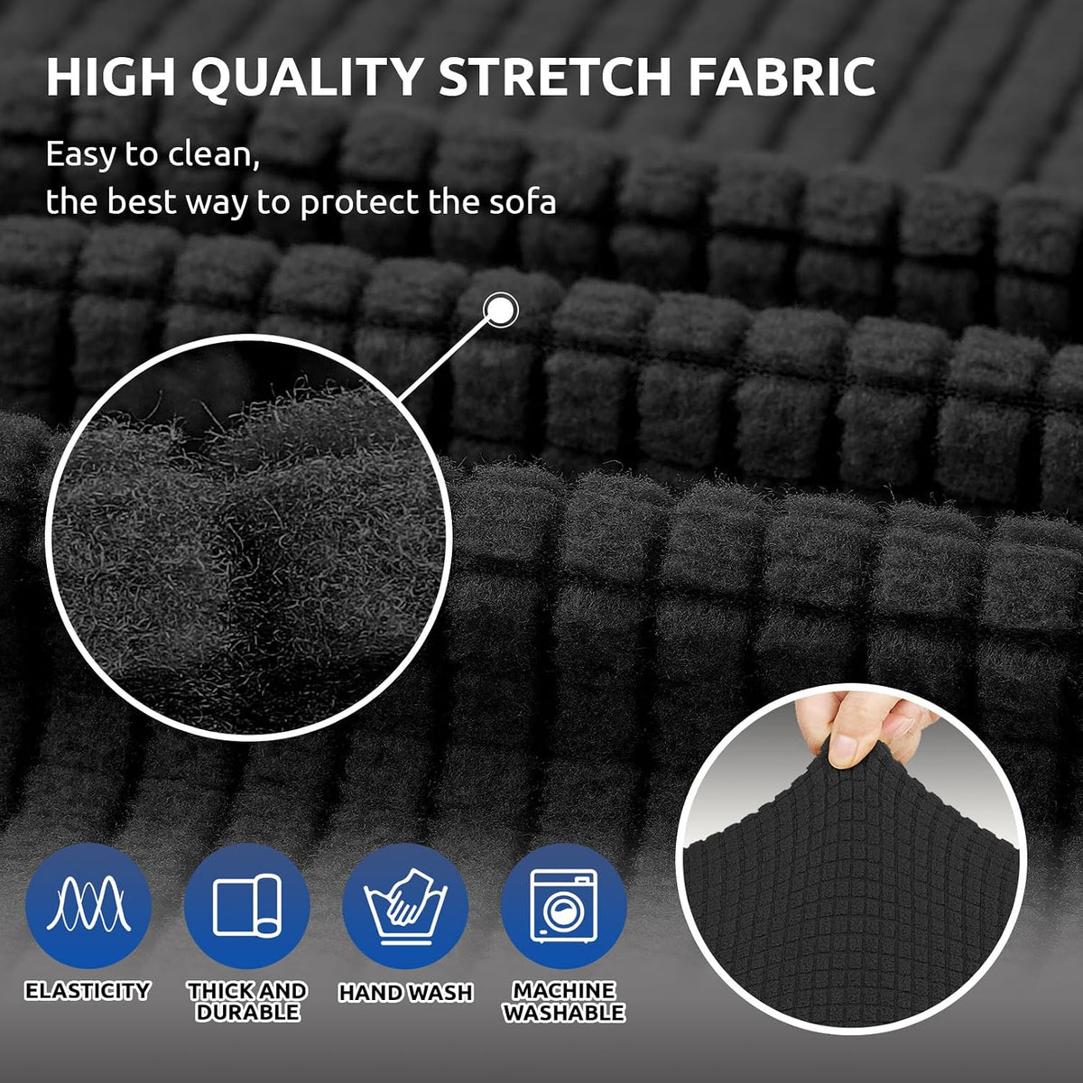 KEKUOU Stretch Couch Covers for Sofa, 3 Cushion Couch Slipcover,Black