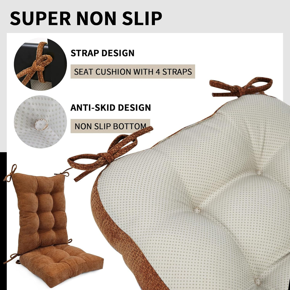 Rocking Chair Cushion for Elderly Sitting, Back Pillow & Seat Cushion with Ties, Luxury Chenille Fabric Non-Slip Chair Pad for Rocker, Champagne, 21.6x17x2/ 17x17x3