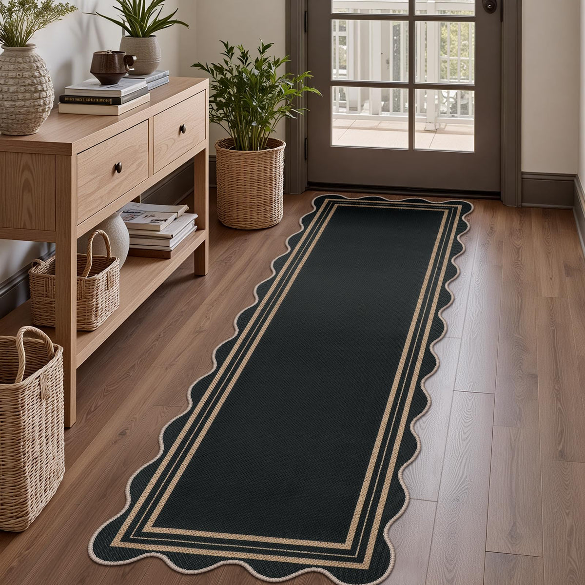 Easy Jute Black Entryway Rug, 2x3 Front Door Mat Washable Non Slip Small Kitchen Rug, Indoor Outdoor Farmhouse Scalloped Doormat for Porch Bathroom Doorway