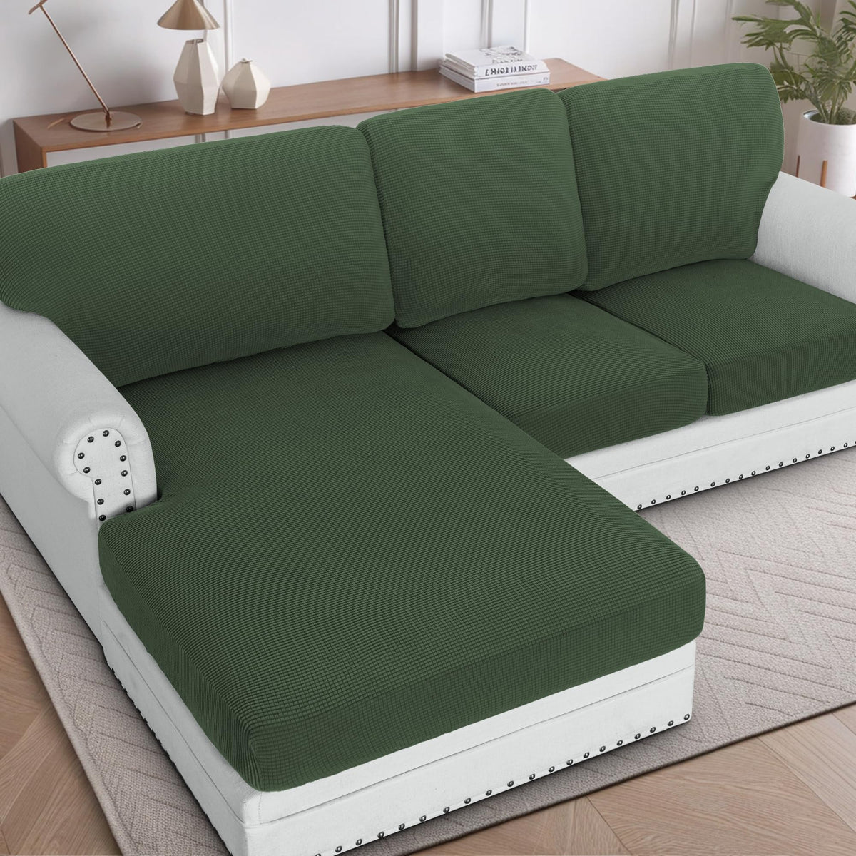 H.VERSAILTEX Sectional Couch Covers 8 Pieces Stretch Sofa Covers for Sectional Sofa Set Separate L Shaped Couch Cover for Both Left/Right Couch (Seat and Back: 1 Chaise + 3 Sofa, Ivory)
