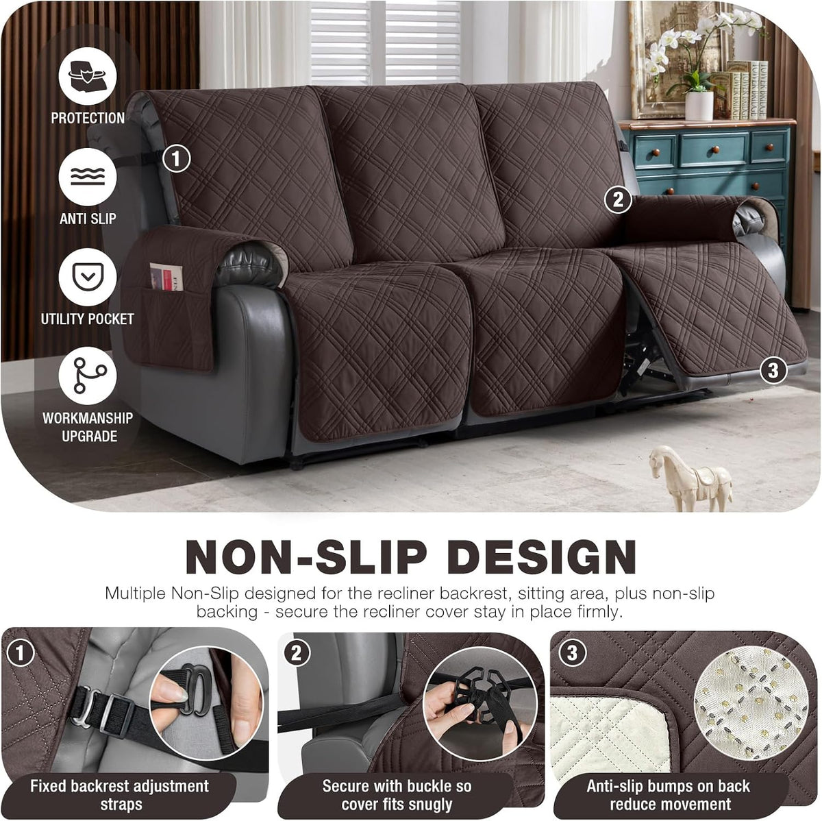 TAOCOCO 100% Waterproof Recliner Sofa Cover Non Slip Couch Cover for 3 Seat Reclining Sofa, Split Reclining Couch Covers 3-Piece with Straps, Washable Sofa Slipcover for Kids Pets(3 Seater, Chocolate)