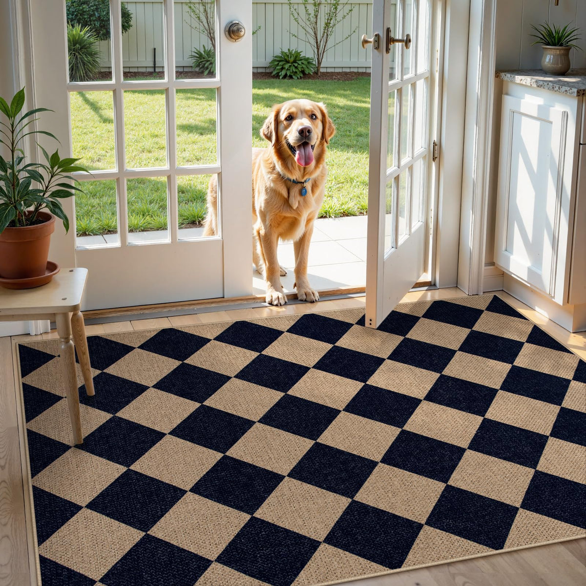 Lahome Checkered Easy Jute 3x5 Entryway Front Porch Rug, Black Diamond Indoor Outdoor Patio Layering Rug, Washable Farmhouse Neutral Non Slip Non Shedding Door Carpet for Backyard Blacony