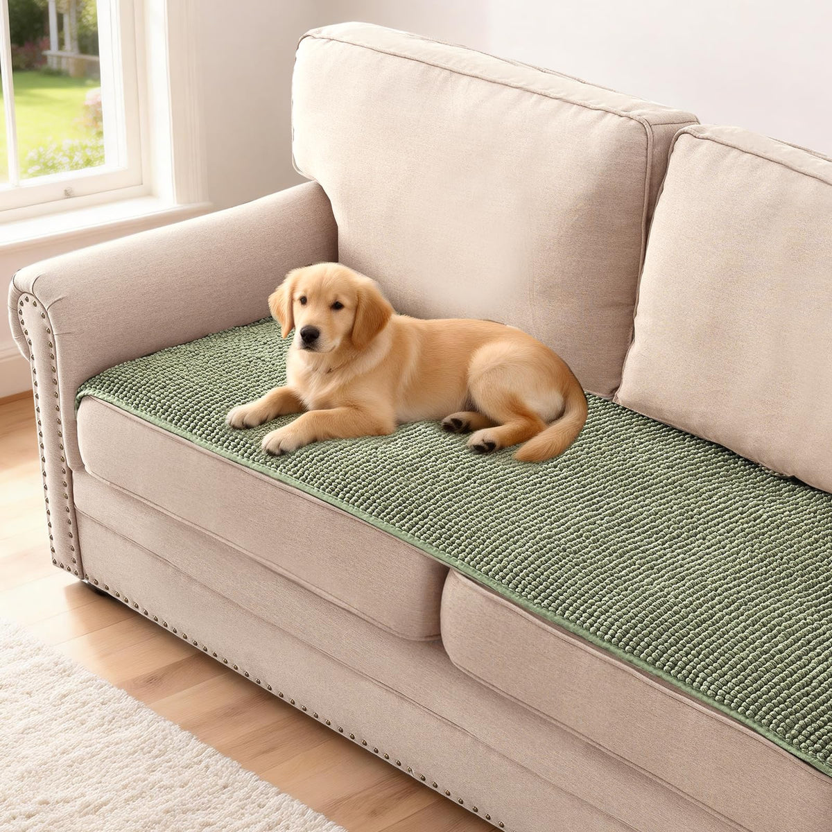 H.VERSAILTEX Plush Chenille Dog Bed Cover Thick Soft Sofa Cover for 3 Cushion Couch Anti Slip Couch Cover Furniture Protector for Dog, Pet, Cat (35" x 82", Ivory)