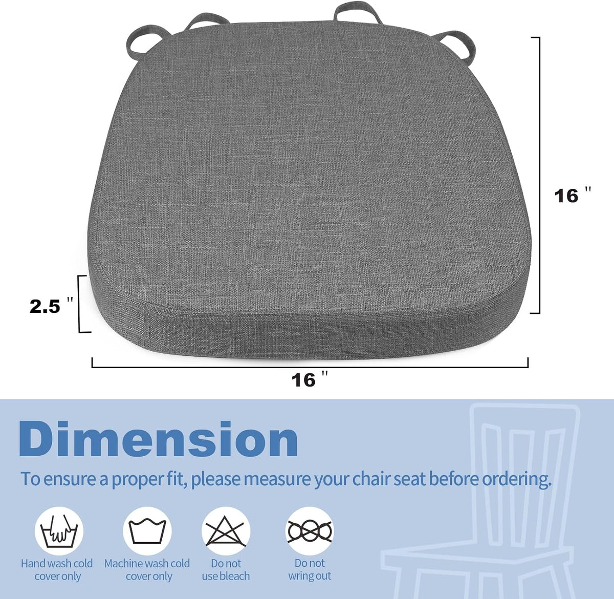 BUYUE Thickened 2.5" Dining Chair Cushions Set of 4, U-Shape High Density Foam Comfortable Chair Pads for Kitchen, Slip Resistant Indoor Seat Cushions (4 PCS, Dark Gray)