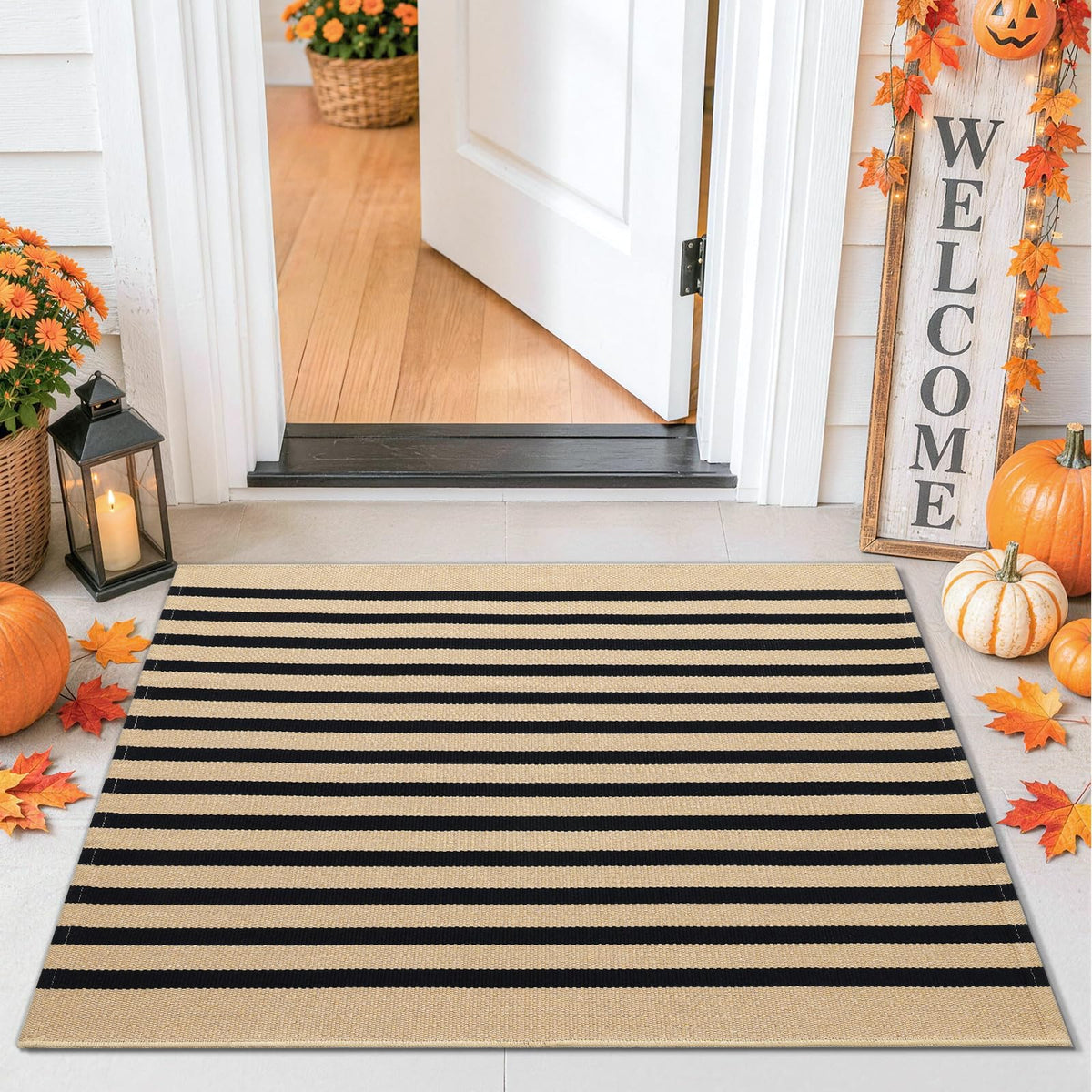 Smiry Black and White Striped Entryway Rug, Front Door Mat and Porch Decor