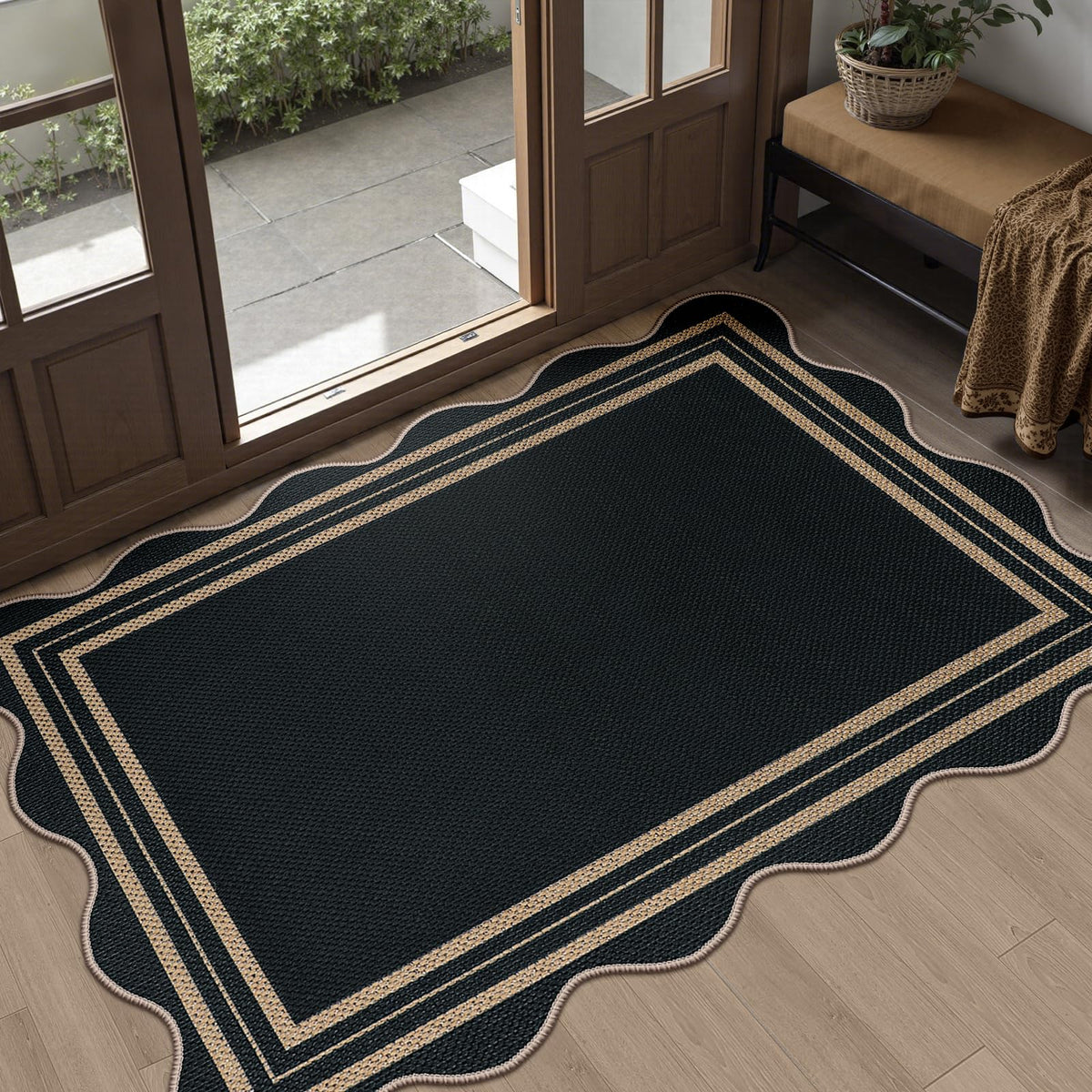 Easy Jute Black Entryway Rug, 2x3 Front Door Mat Washable Non Slip Small Kitchen Rug, Indoor Outdoor Farmhouse Scalloped Doormat for Porch Bathroom Doorway