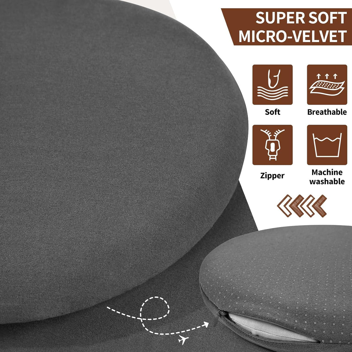 BUYUE Memory Foam Seat Cushion, Dia 13" Soft Velvet Round Stool Cushion Anti-Slip Chair Pads, S, Dark Grey