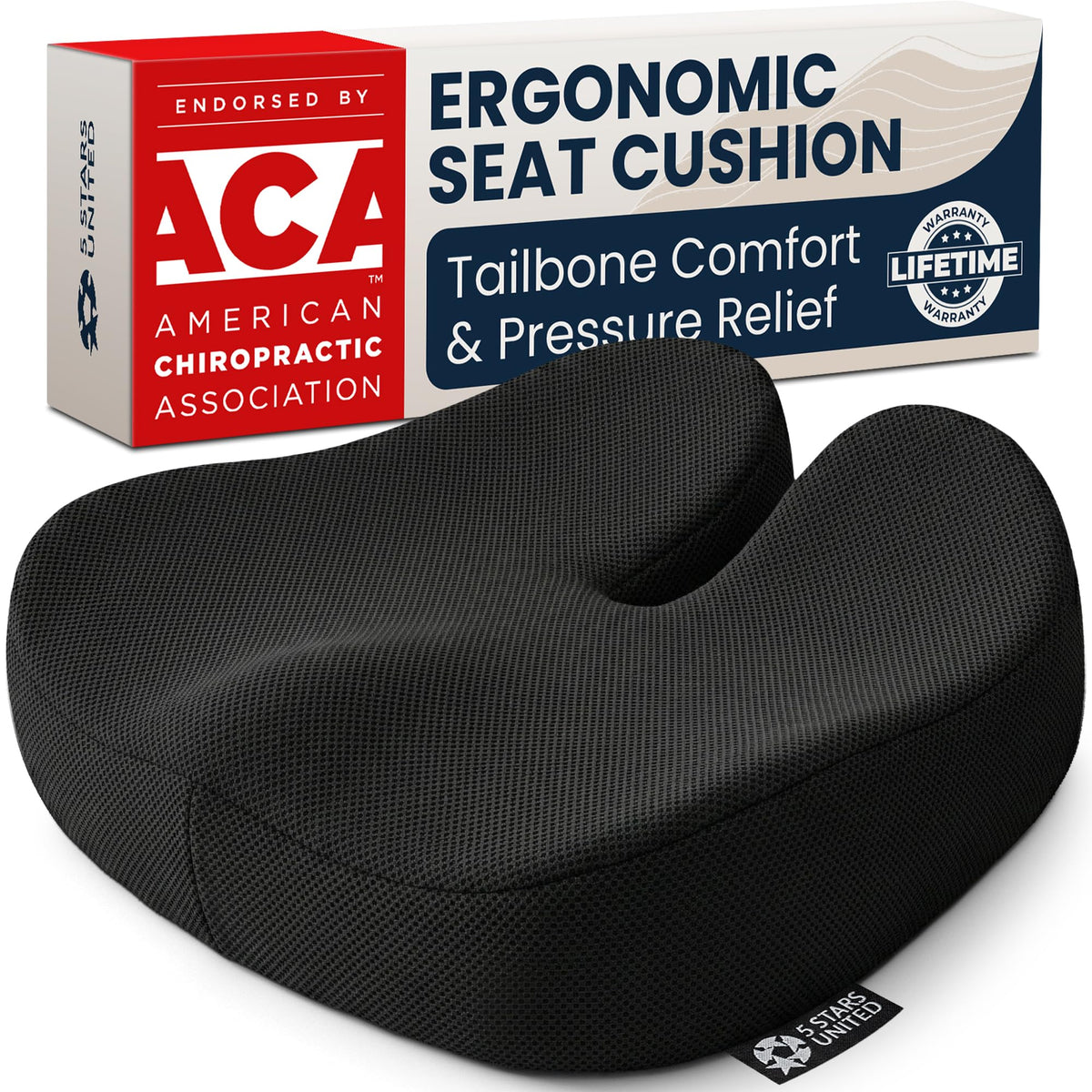 5 STARS UNITED Seat Cushion - Memory Foam Chair Pad for Tailbone Pain Relief - Ergonomic Support for Coccyx, Sciatica & Butt - Office, Desk & Gaming Chair, Car Seat, Wheelchair, Airplane, Black