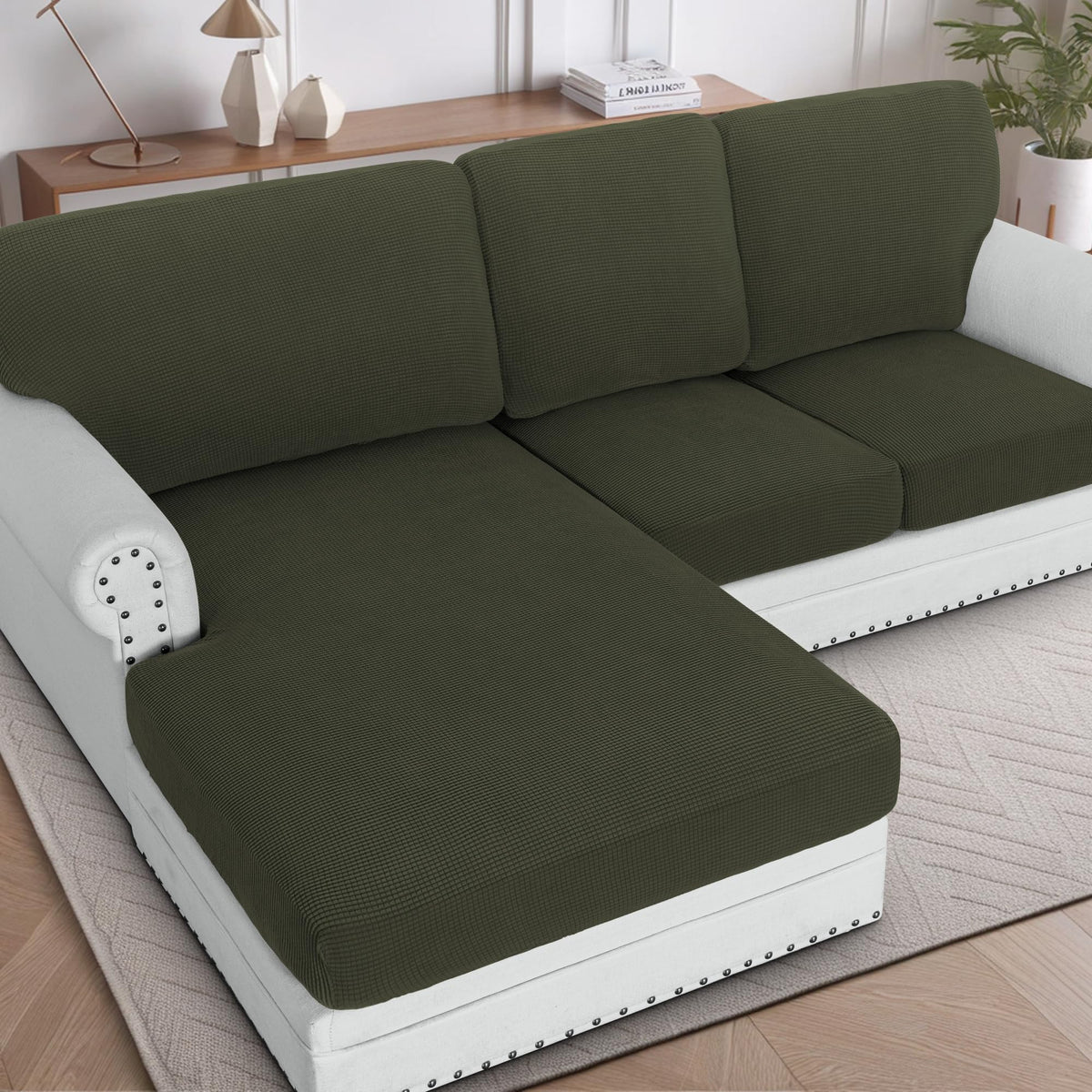 H.VERSAILTEX Sectional Couch Covers 8 Pieces Stretch Sofa Covers for Sectional Sofa Set Separate L Shaped Couch Cover for Both Left/Right Couch (Seat and Back: 1 Chaise + 3 Sofa, Ivory)