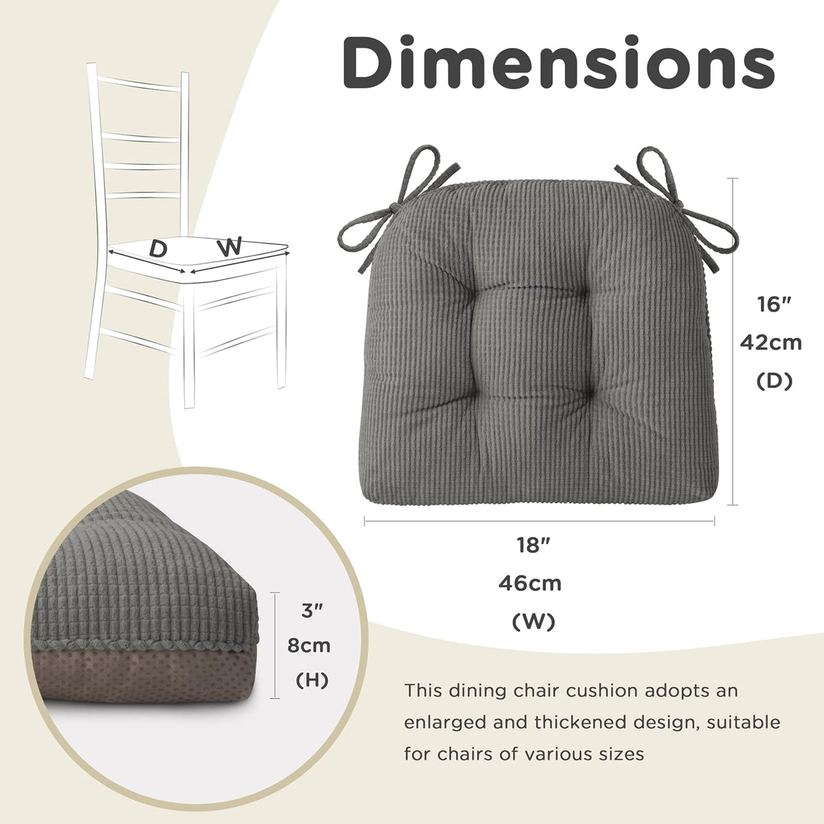 AddGrace Dining Chair Cushions Set of 4 Non-Slip 18"x16"x3" Grey