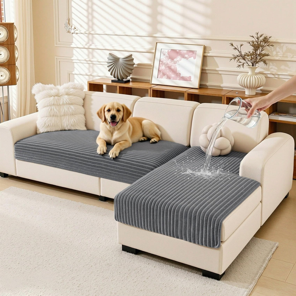 MEETSKY 100% Waterproof Couch Covers for Sectional Sofa, Non Slip Couch Cover for Dogs, 2 Pieces Pet Sofa Covers for 2 Cushion L Shape, Washable Soft Sofa Slipcover, Cream, Large, 35"x63"+35"x63"
