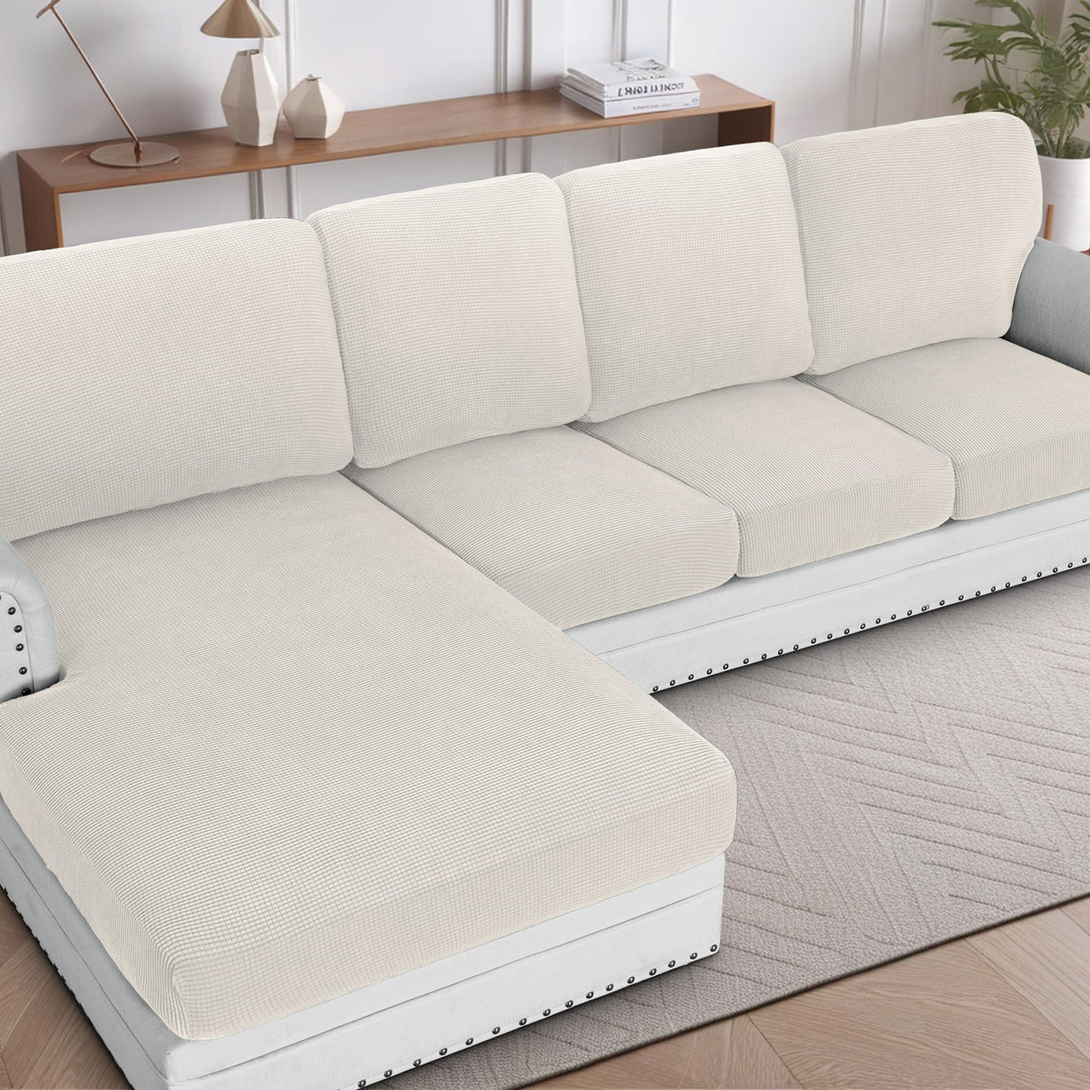 H.VERSAILTEX Sectional Couch Covers 8 Pieces Stretch Sofa Covers for Sectional Sofa Set Separate L Shaped Couch Cover for Both Left/Right Couch (Seat and Back: 1 Chaise + 3 Sofa, Ivory)