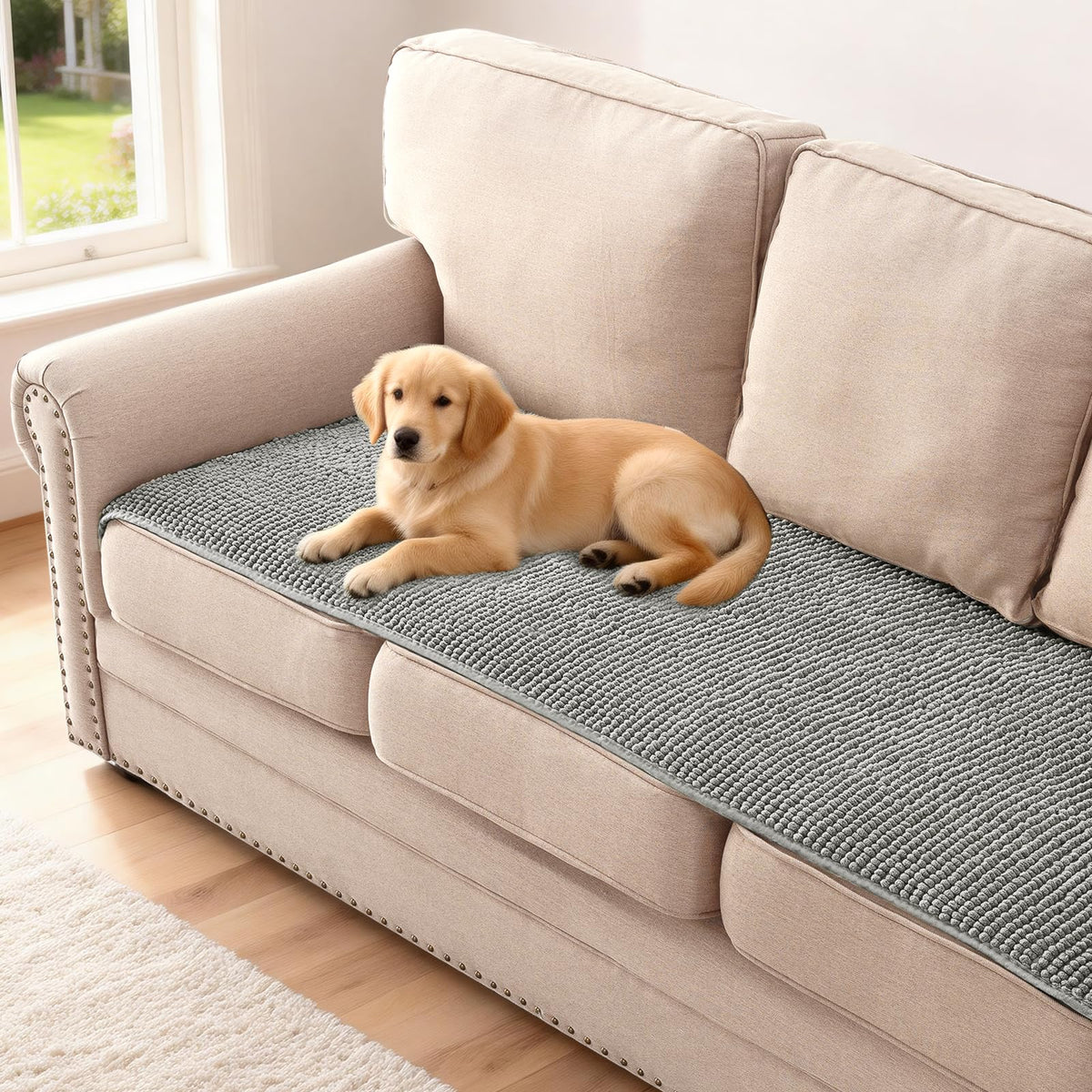 H.VERSAILTEX Plush Chenille Dog Bed Cover Thick Soft Sofa Cover for 3 Cushion Couch Anti Slip Couch Cover Furniture Protector for Dog, Pet, Cat (35" x 82", Ivory)