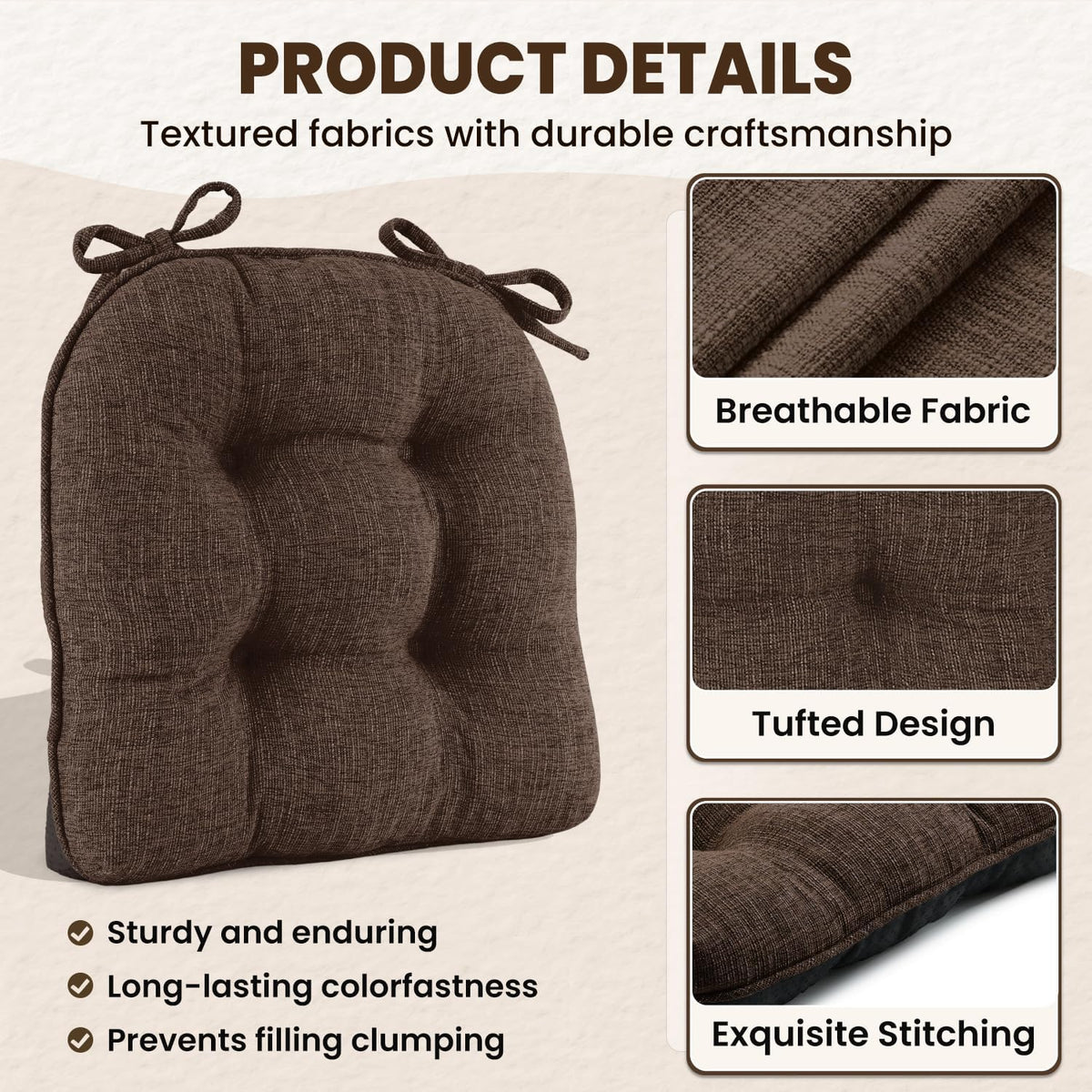 downluxe Indoor Chair Cushions for Dining Chairs, Tufted Overstuffed Textured Foam Kitchen Chair Pads with Ties and Non-Slip Backing, 15.5" x 15.5" x 4", Brown, 4 Pack