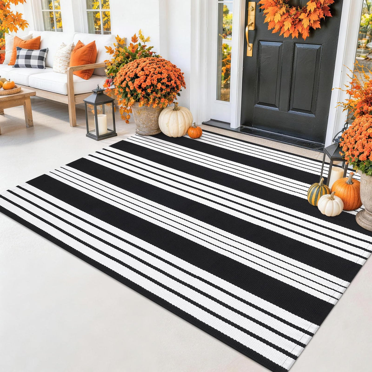 Smiry Black and White Striped Entryway Rug, Front Door Mat and Porch Decor