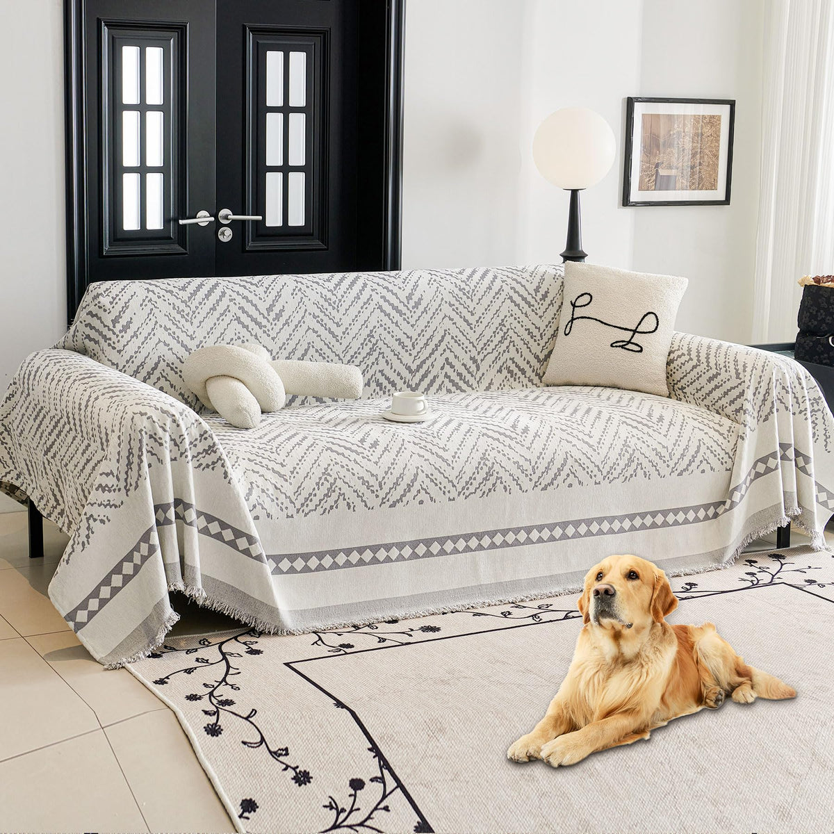 HAOMAIJIA Non Slip couch cover sofa covers for 3 cushion couch Washable sectional couch covers for Dogs pet Furniture Protector Couch Cover Blanket for Living Room (Off white, 91"x150")