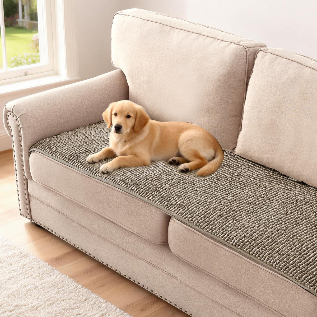 H.VERSAILTEX Plush Chenille Dog Bed Cover Thick Soft Sofa Cover for 3 Cushion Couch Anti Slip Couch Cover Furniture Protector for Dog, Pet, Cat (35" x 82", Ivory)