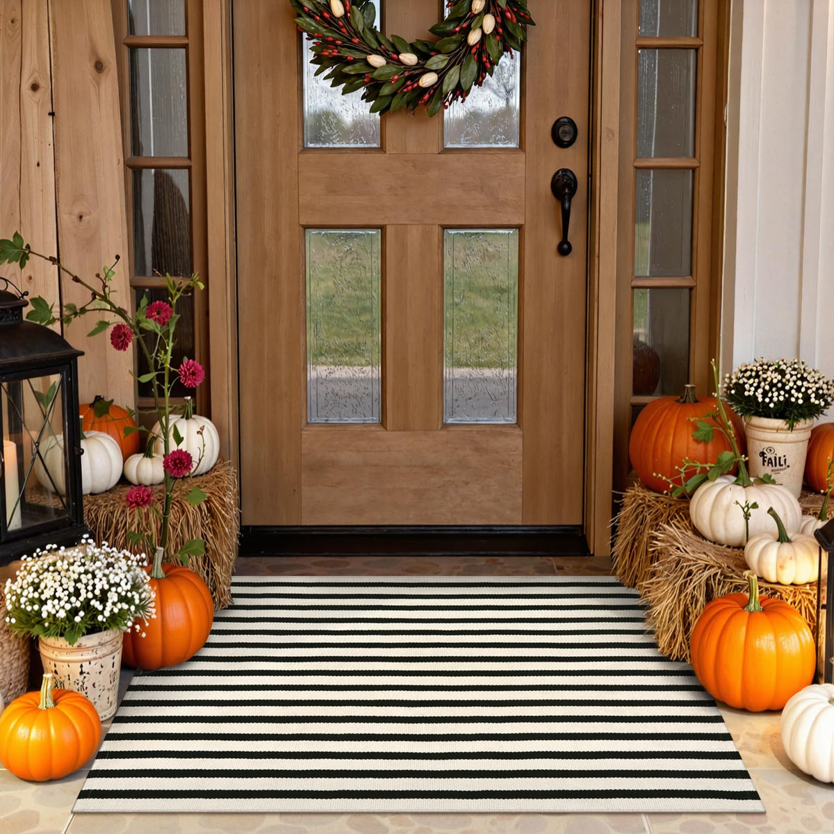 Striped Fall Door Mat 24"x51" Outdoor Rug Cotton Washable Fall Decor
