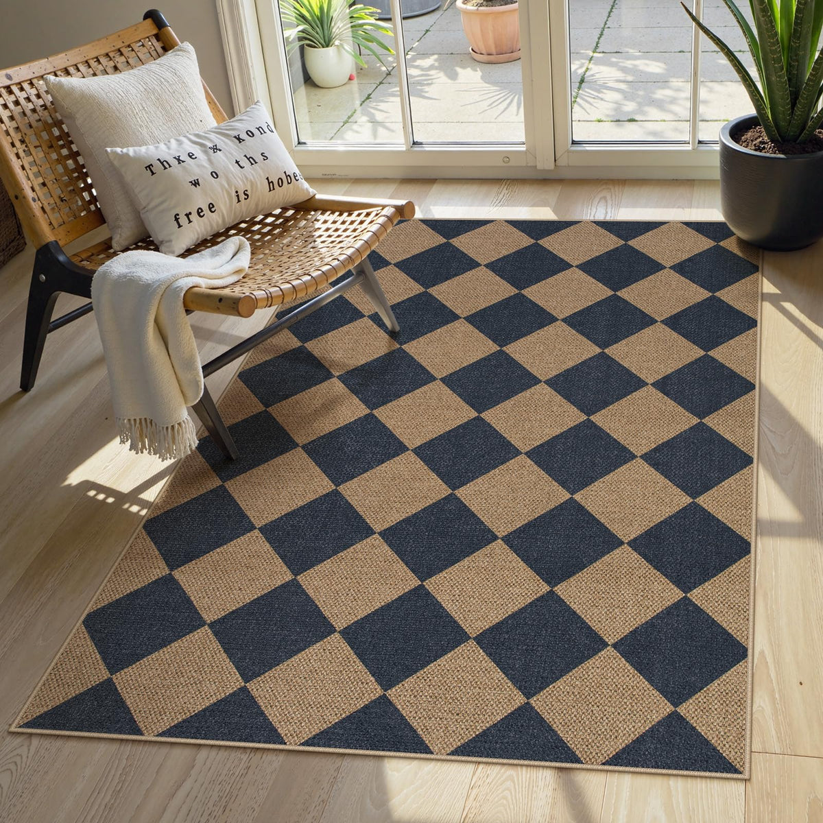 Lahome Checkered Easy Jute 3x5 Entryway Front Porch Rug, Black Diamond Indoor Outdoor Patio Layering Rug, Washable Farmhouse Neutral Non Slip Non Shedding Door Carpet for Backyard Blacony