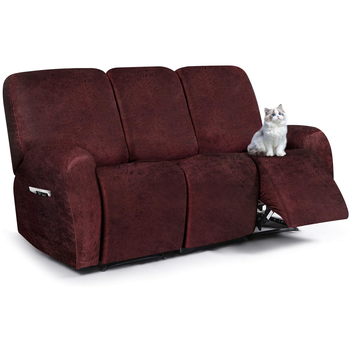 ANARACHON Leather Look Recliner Couch Cover, 8-Pieces Stretch Recliner Sofa Covers, Soft Reclining Slipcover, Washable Furniture Protector for Pets (3 Seater, Brown)