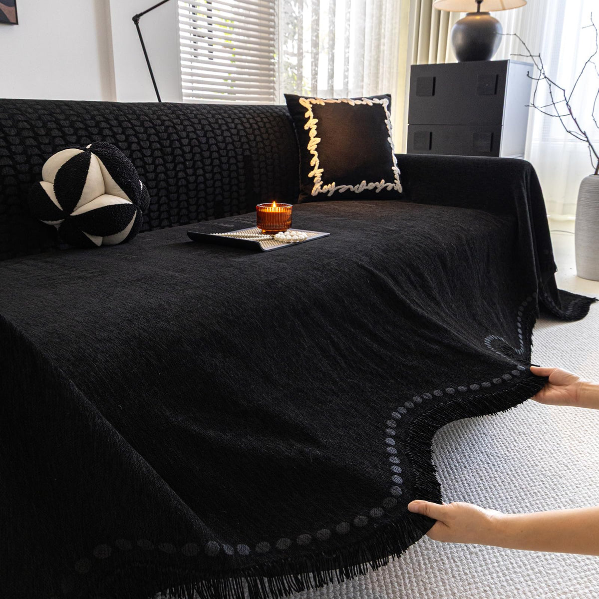 ROOMLIFE Thicked Striped Couch Cover with Tassel Blue Chenille Sofa Cover Blanket for Sectional Sofa, Soft Sofa Slipcovers for L Shaped Love Seat 2-3 Cushion Couch Anti Slip Sofa Protector, 71"x118"