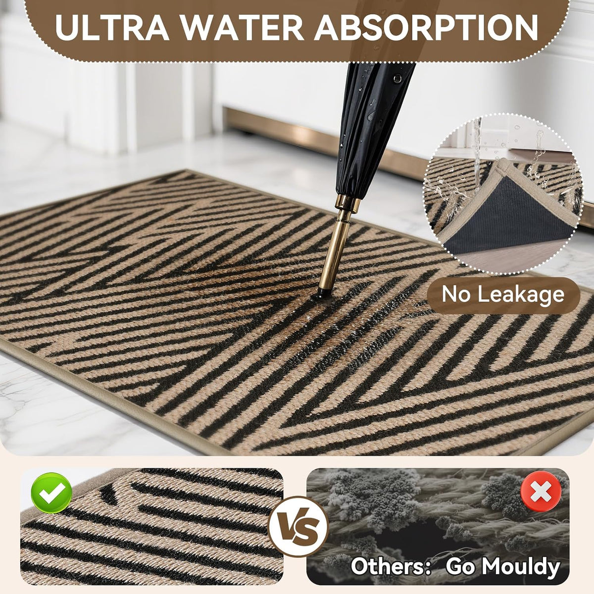 Front Door Mat Indoor Outside Entrance Non-Slip Mats Brown 17"x30"
