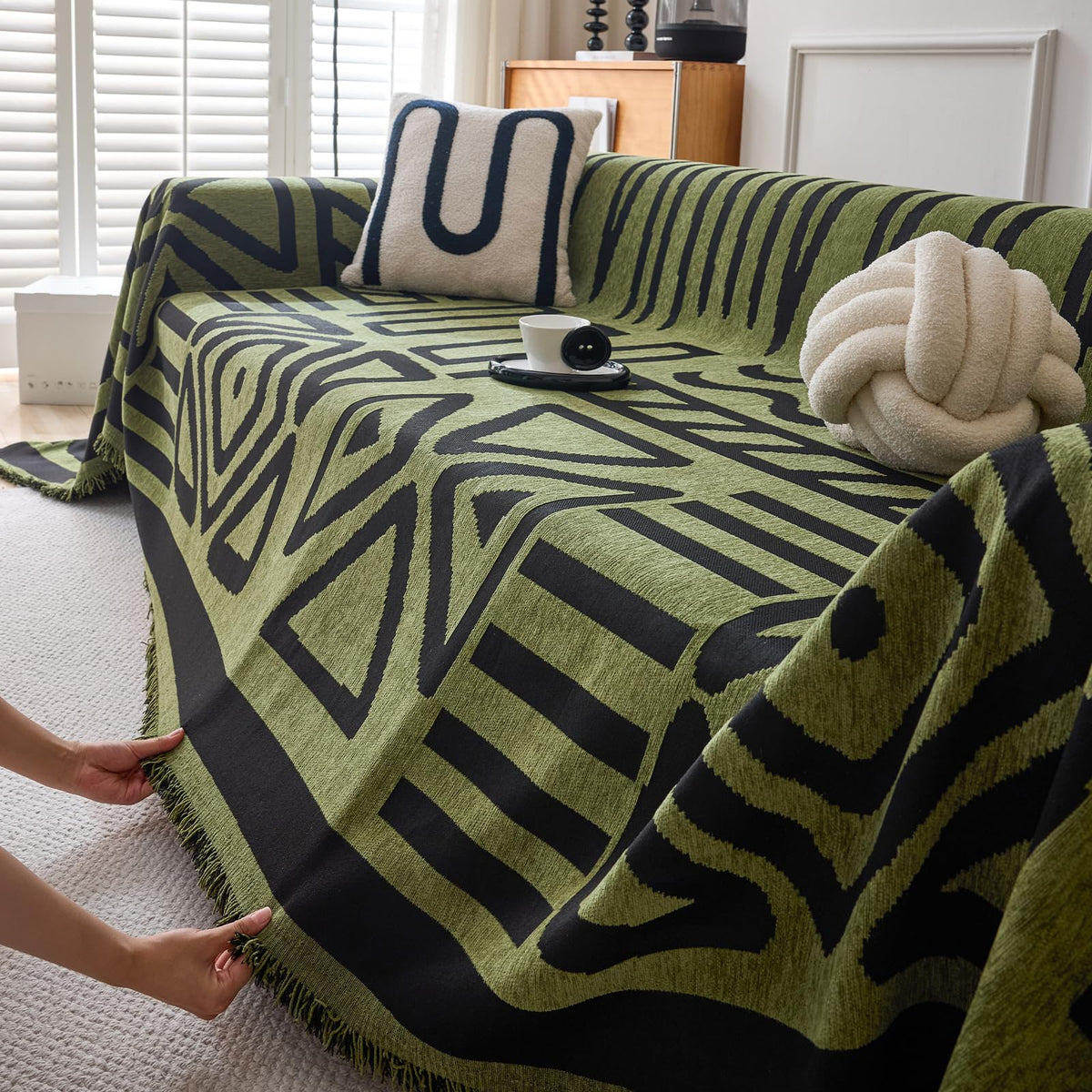 HANDONTIME Green Sofa Cover Vintage Couch Cover for Dogs 71" X118" Couch Cushion Covers with Tassel Herringbone Sofa Cover Boho Sofa Covers for 3 Cushion Couch Chenille Soft Loveseat Sofa Covers