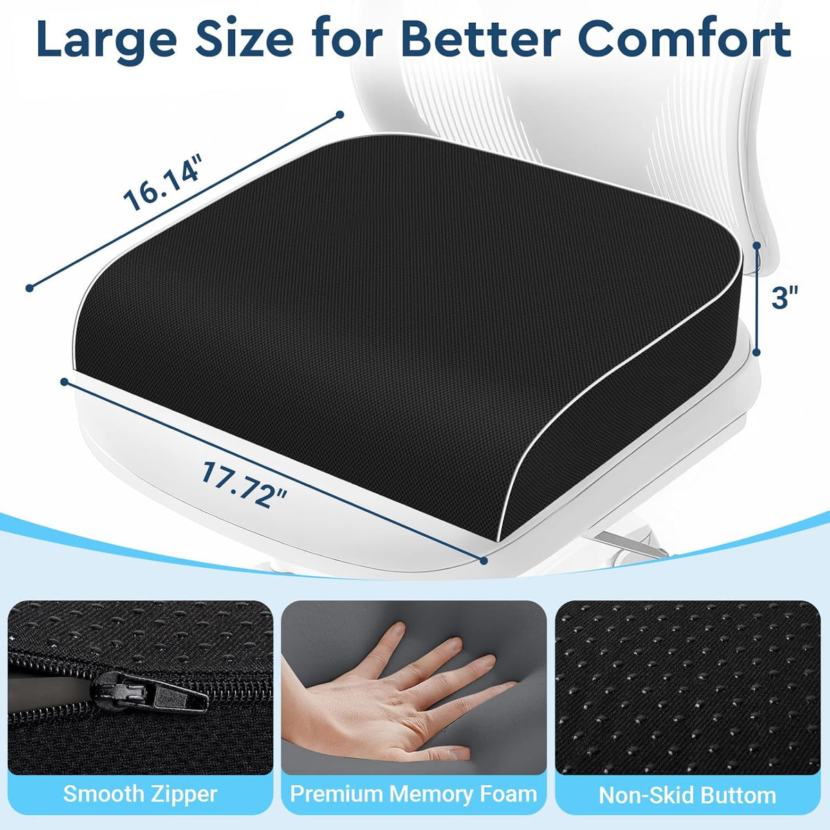 Seat Cushion, Memory Foam Office Chair Cushion, Black, Large