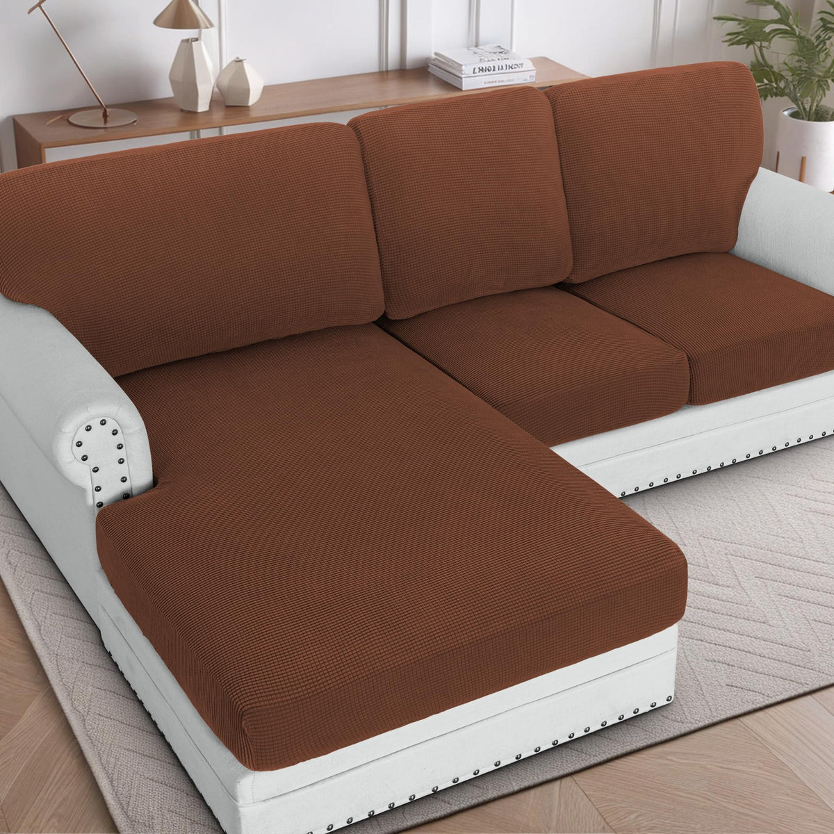 H.VERSAILTEX Sectional Couch Covers 8 Pieces Stretch Sofa Covers for Sectional Sofa Set Separate L Shaped Couch Cover for Both Left/Right Couch (Seat and Back: 1 Chaise + 3 Sofa, Ivory)