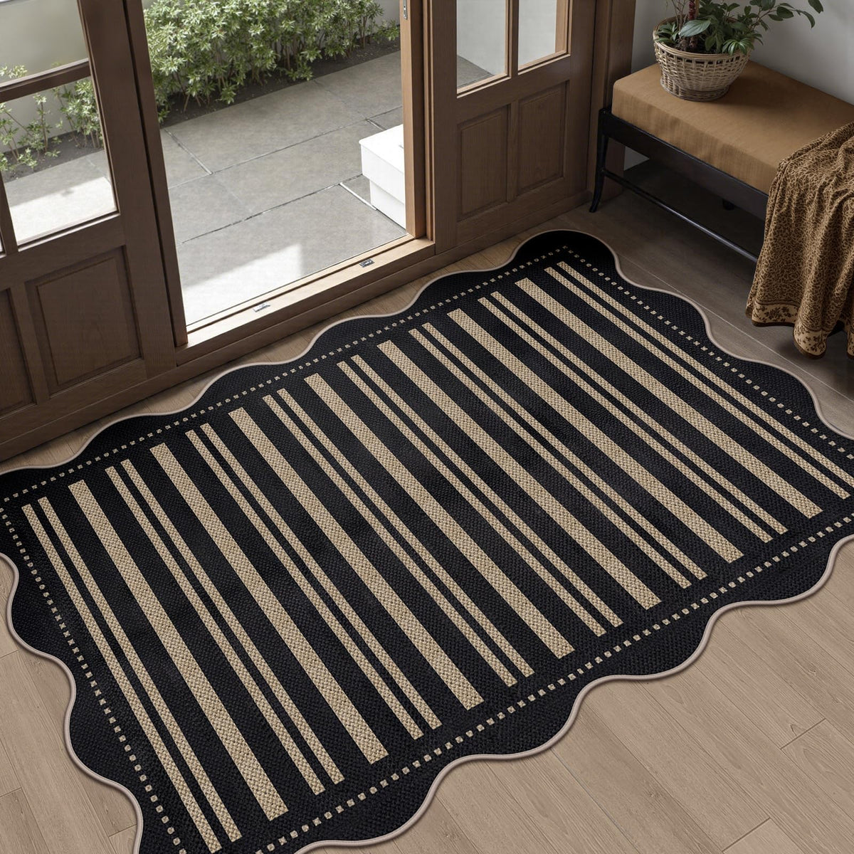 Easy Jute Black Entryway Rug, 2x3 Front Door Mat Washable Non Slip Small Kitchen Rug, Indoor Outdoor Farmhouse Scalloped Doormat for Porch Bathroom Doorway