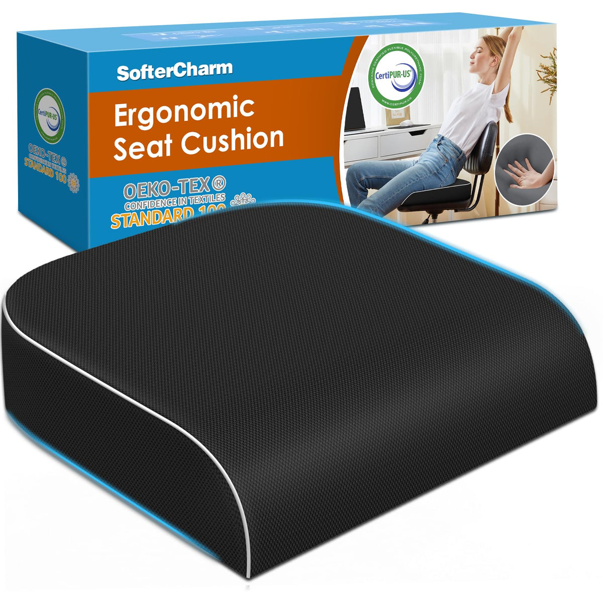 Seat Cushion, Memory Foam Office Chair Cushion, Black, Large