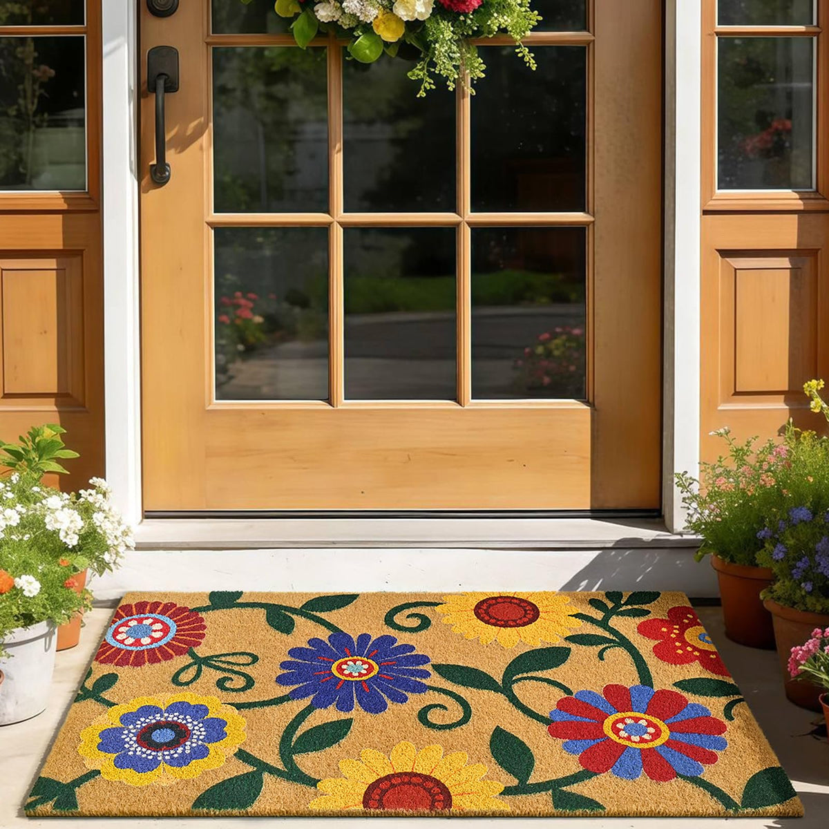 Floral Front Door Mat Outside Non-Slip Welcome Doormat, 17x29 in
