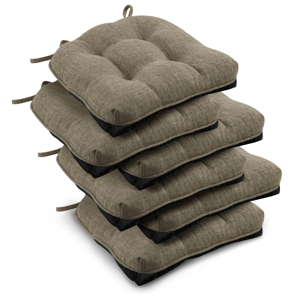 downluxe Indoor Chair Cushions for Dining Chairs, Tufted Overstuffed Textured Foam Kitchen Chair Pads with Ties and Non-Slip Backing, 15.5" x 15.5" x 4", Brown, 4 Pack