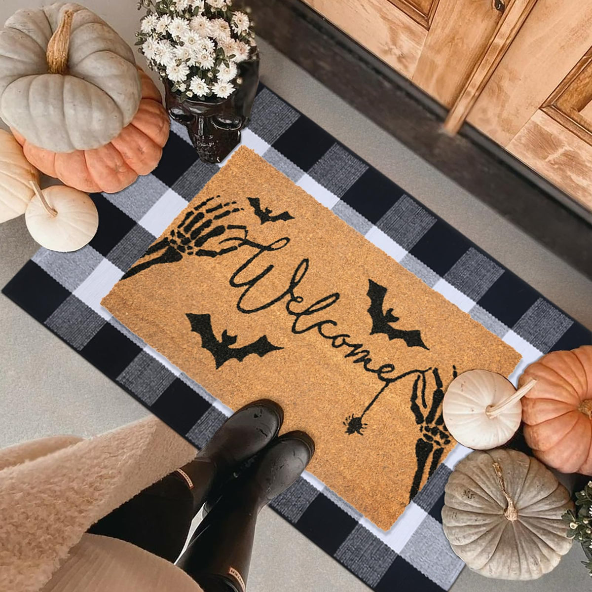 Halloween Door Mat Combo Set, Welcome Ghost Coco Coir Welcome Doormat + 28" x 43" Black and White Plaid Rug, Autumn Halloween Front Porch Entryway Decor Floor Mat