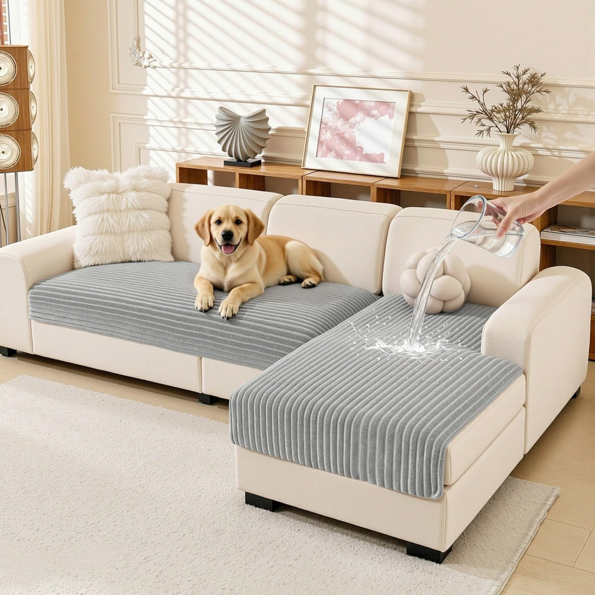 MEETSKY 100% Waterproof Couch Covers for Sectional Sofa, Non Slip Couch Cover for Dogs, 2 Pieces Pet Sofa Covers for 2 Cushion L Shape, Washable Soft Sofa Slipcover, Cream, Large, 35"x63"+35"x63"